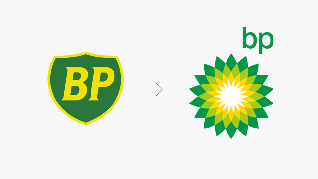 2008年，向日葵样式的BP标志（右）取代了老盾牌logo（左）-上海品牌logo设计公司